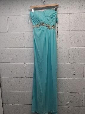 NWT Womens Strapless Turquoise Aqua Evening Gown with Gold Embellishment
